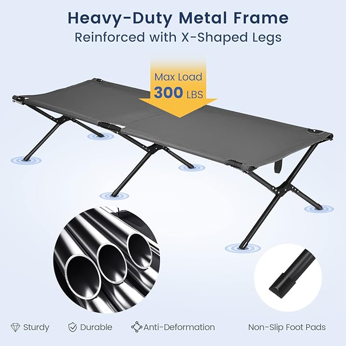 Goplus Folding Camping Cot with Carrying Bag, Portable Lightweight Outdoor Sleeping Bed for Adults Kids, 300LBS Weight Capacity, Heavy-Duty Camping Bed for Traveling