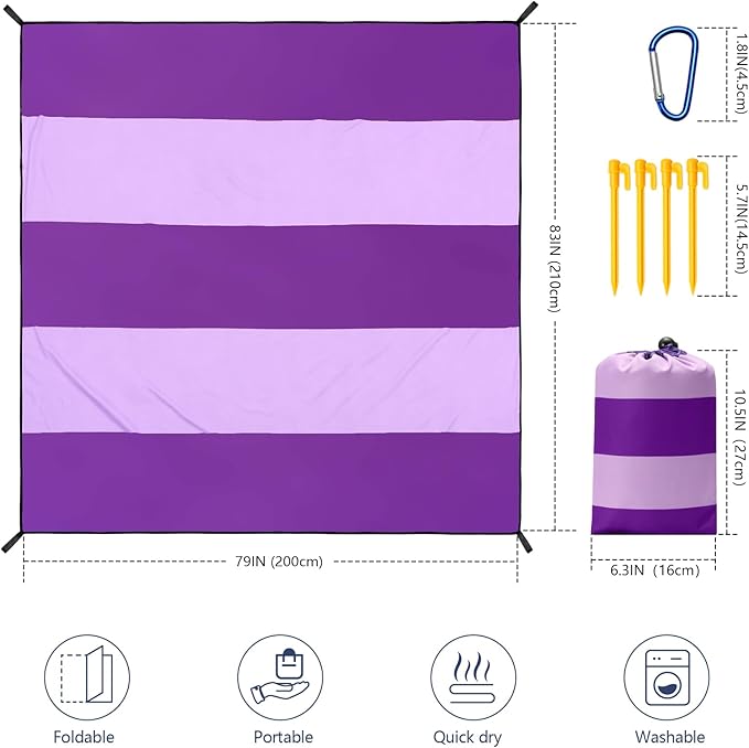 Beach Blanket Waterproof Sandproof Beach Mat 79" X 83"/10'x9'for 2-8 Adults Quick Drying Outdoor Picnic Mat Beach Accessories for Travel, Camping, Hiking