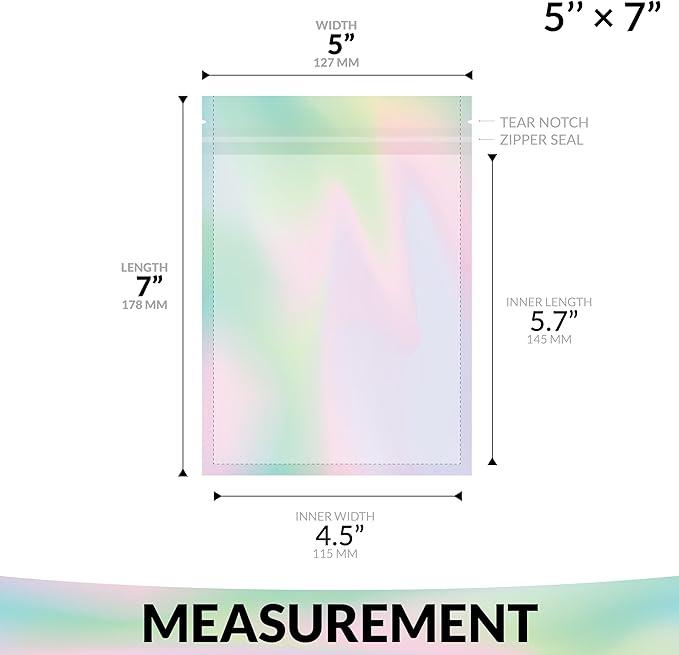 Mylar Bags with Zipper Seal 5 x 7" | 100 Bags | Rainbow Holographic | Sealable Heat Seal Bags for Candy and Food Packaging, Medications and Vitamins | For Liquid and Solids (5" x 7")