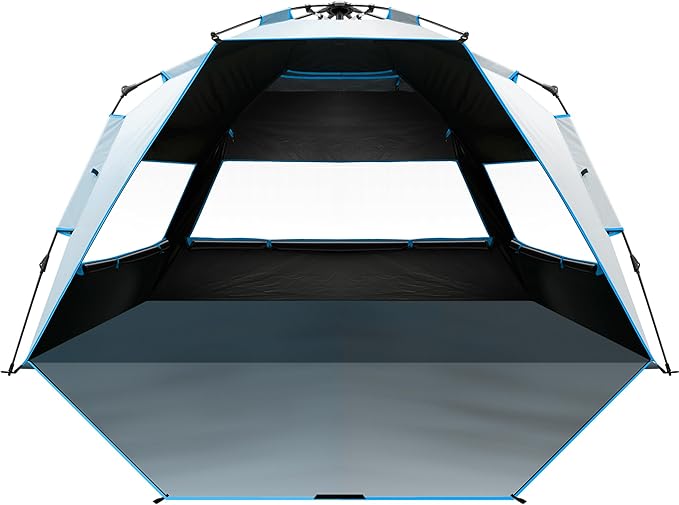 OutdoorMaster Beach Tent with Blackout Shelter Technology, Portable Sun Shade Shelter 4 Person, Pop Up Beach Tents with UPF 50+ UV Protection, 9.5mm Thick Pole, 3 Ventilating Mesh Windows
