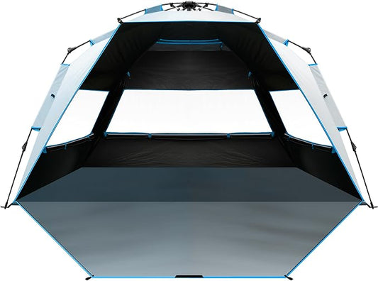 OutdoorMaster Beach Tent with Blackout Shelter Technology, Portable Sun Shade Shelter 4 Person, Pop Up Beach Tents with UPF 50+ UV Protection, 9.5mm Thick Pole, 3 Ventilating Mesh Windows
