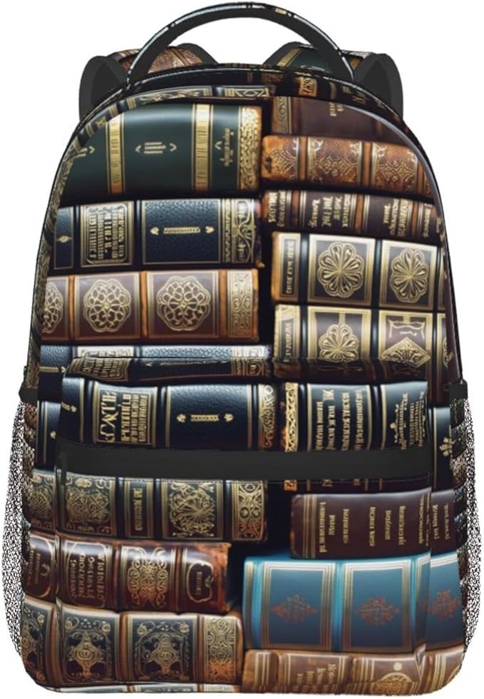 Men Women Polyester Vintage Books Art Casual Daypack Large Capacity Carry On Bag With Adjustable Shoulder Straps for Camping Work Running