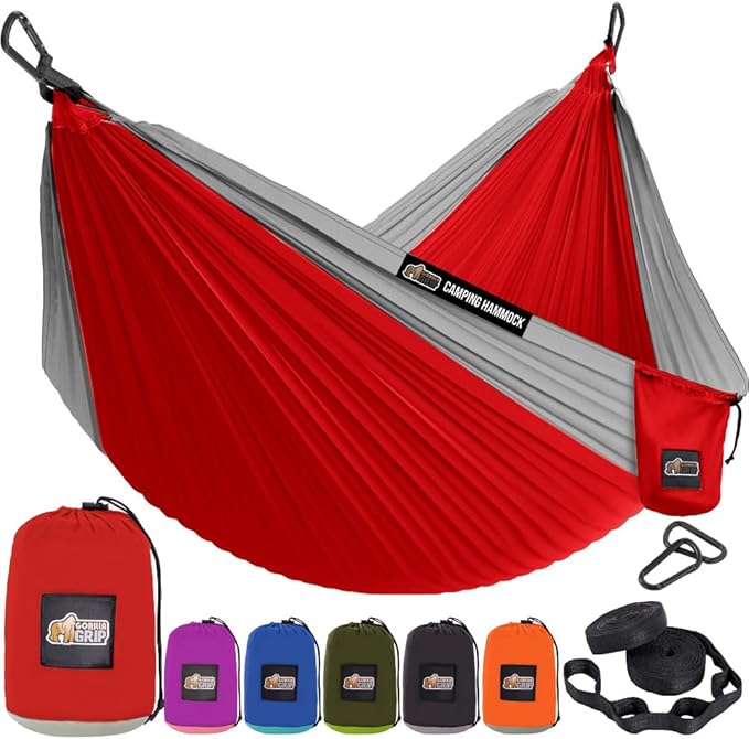 GORILLA GRIP Durable Portable Camping Hammock, Holds 400lbs with Heavy Duty Tree Straps, Comfortable Travel Swing, Camp Hammocks, Easy to Use and Install, Outdoor Essentials, Red, 9x4.5 FT
