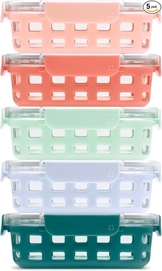 Ello Duraglass 3.4 Cup Meal Prep Sets 10Pc, 5 Pack Set- Glass Food Storage Container with Silicone Sleeve and Airtight BPA-Free Plastic Lids, Dishwasher, Microwave, and Freezer Safe, Melon