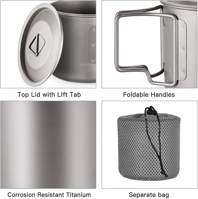 Lixada Titanium Pot, Lightweight Camping Pot Titanium Cup Titanium Backpacking Pot with Portable Foldable Handles for Outdoor Camping Hiking Backpacking