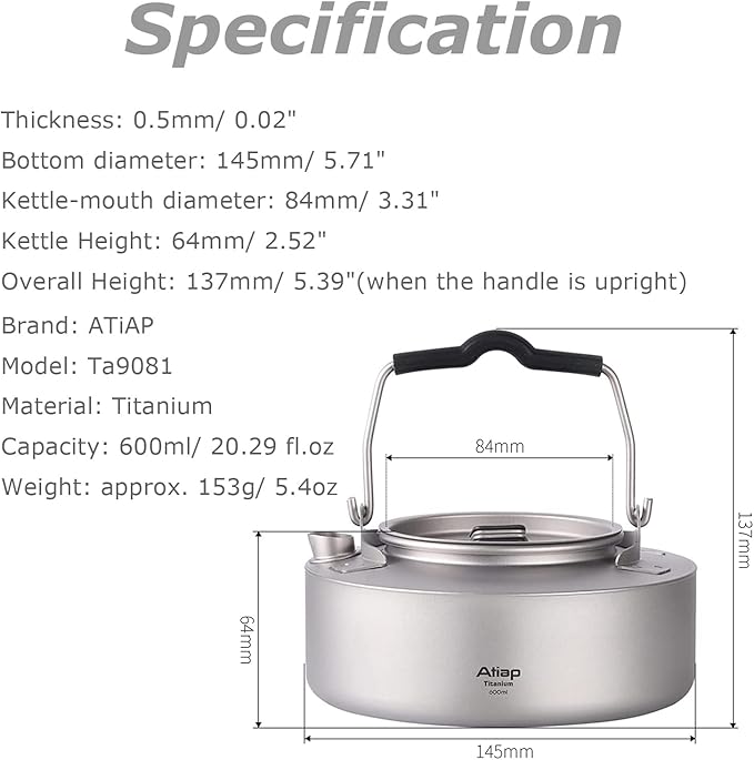Titanium Kettle Coffee Tea Pot 0.6L/ 1L with Mesh Bag Portable for Outdoor Camping (Ta9081-0.6L)