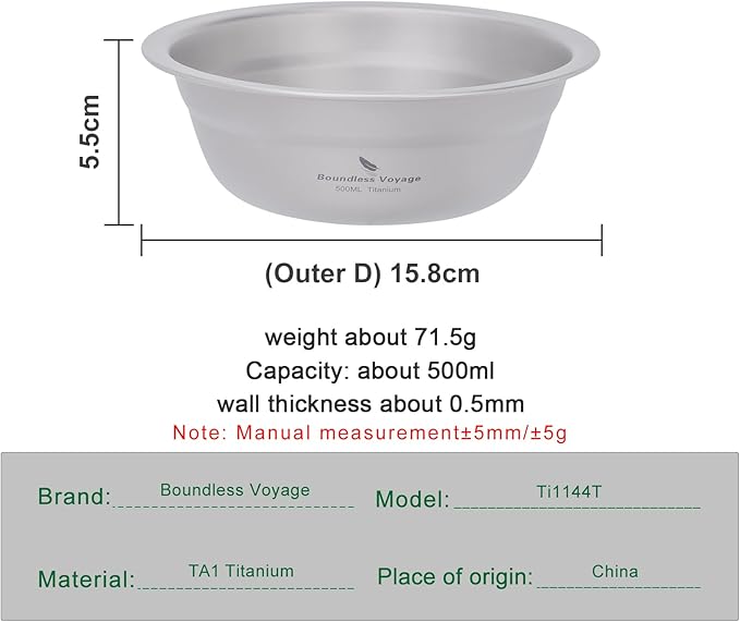 Boundless Voyage Titanium Camping Plate Bowl Set Rice Soup Salad Stackable Serving Bowls Ultralight Dinnerware Set Dishwasher Safe 500ml ti1144t