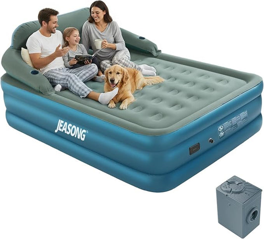 JEASONG Queen Air Mattress with Built-in Rechargeable Battery Pump & Headboard, 20 Inch Elevated Airbed Blow Up Mattress, 700 lbs Inflatable Mattress, Portable Air Bed Blow Up Bed for Home & Camping