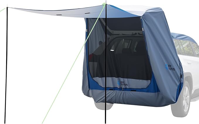 JOYTUTUS SUV Tailgate Tent with Big Awning, Water Resistant SUV Camping Tent with Car Roof Cover, Universal Fit Most Suvs, Car, Grey Blue
