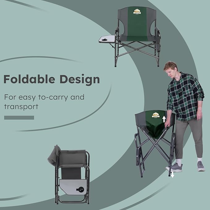 Oversized Directors Camping Chair Support 600 LBS, Heavy Duty Folding Outdoor Chairs with Detachable Side Pocket and Adjustable Side Table for Outside Beach,Lawn,Fishing (Green)