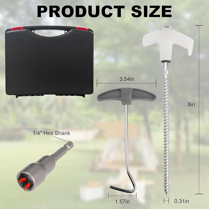 4 Pcs Tent Stakes Heavy Duty, 8 in Ground Anchors Screw in, Grow in The Dark Screw in Tent Stakes, Camping Stakes with Storage Box, Threaded Tent Spikes with Hex Head Driver and Stake Puller