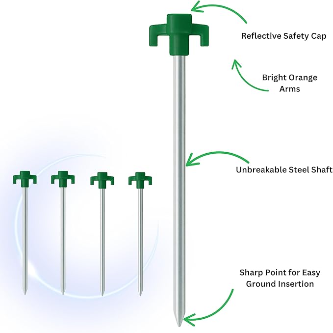 Tricc Unbreakable Heavy Duty Steel Tent/Canopy Stakes, Galvanized Non-Rust 10" Three Pegged Solid, Sturdy Stakes for Outdoor Trips, Camping, Hiking & Gardening. 4 Colors Made in The USA (Green)