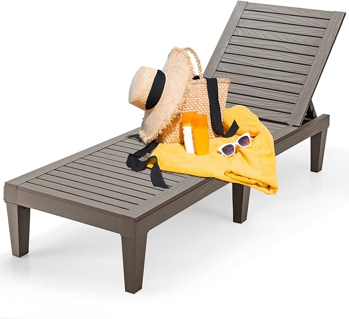 Tangkula Outdoor Chaise Lounge Chair, Lightweight Patio Lounge Recliner Chair with Adjustable Backrest, 5 Reclining Positions Chaise Lounger for Patio, Beach, Balcony, Poolside, Backyard (1, Coffee)