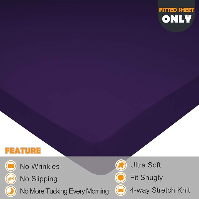 Full Size Fitted Sheet Only - 4-Way Stretch Knit, Snug Fit, Wrinkle Free & Stay in Place, No More Slipping Off for Mattress, Soft & Comfortable - Purple, Full