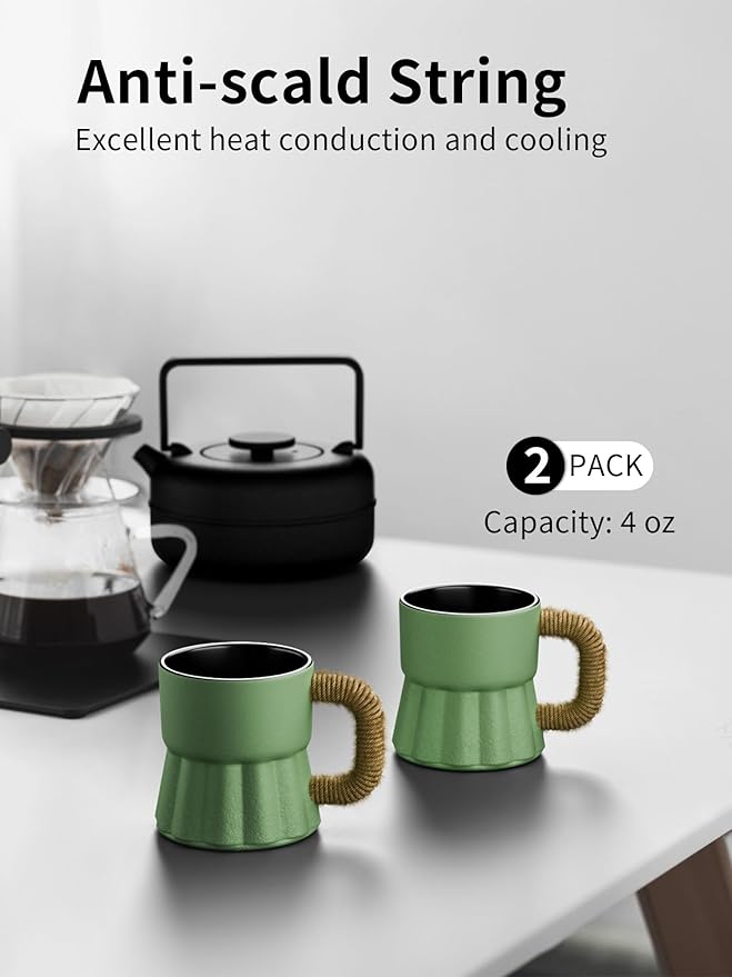 toptier 4 oz Tea Cups, Espresso Cups Set of 2, Mini Beer Mugs, Cast Iron Teacup for Tea, Coffee, Beer, Light Green