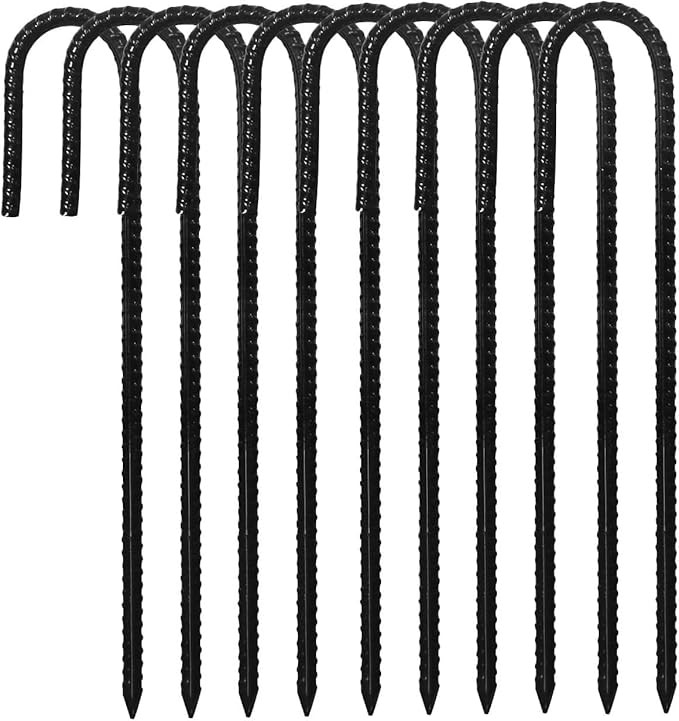 RM1009 12 inch J Shaped 10-Pack Fence Stakes Heavy Duty Rebar Ground Stakes Anchor Tent Metal Stakes for Outdoor Canopy Decorations Inflatables (J-Shape-Black, J-12 * 1/4"-10PACK)