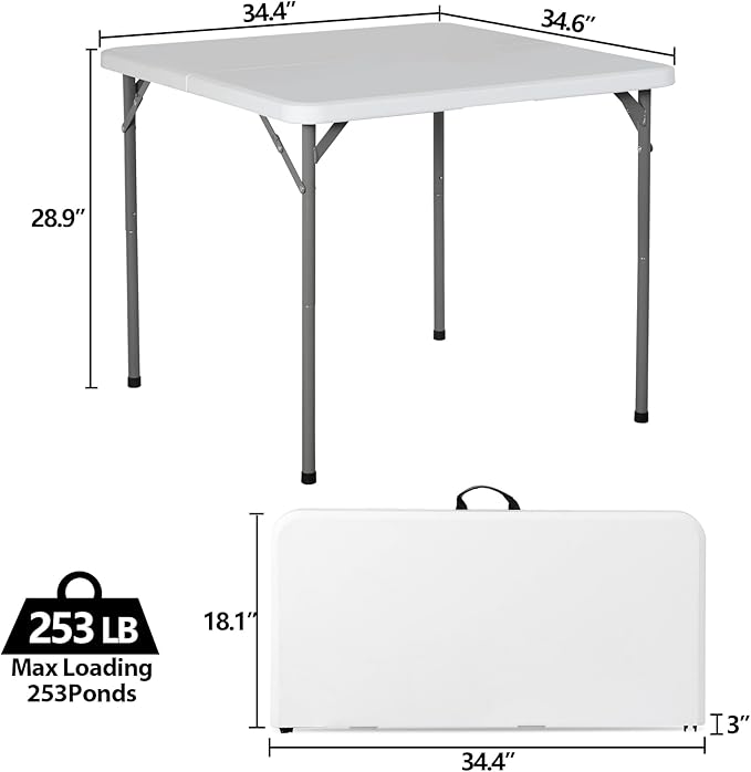 SUPER DEAL 3 Foot Square Folding Card Table, Indoor Outdoor Portable Plastic Heavy Duty Fold-in-Half Puzzles Camping Picnic Party Table with Carrying Handle, White