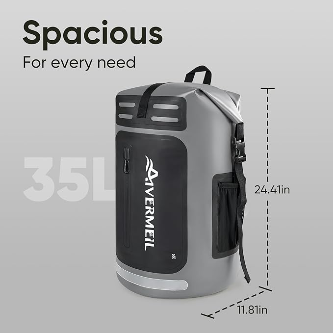 Dry Bag Waterproof Backpack 35L for Men & Women Roll-Top Hiking Backpack with IPX8 Waterproof Phone Case for Kayaking Boating Cushioned Padded Back Grey