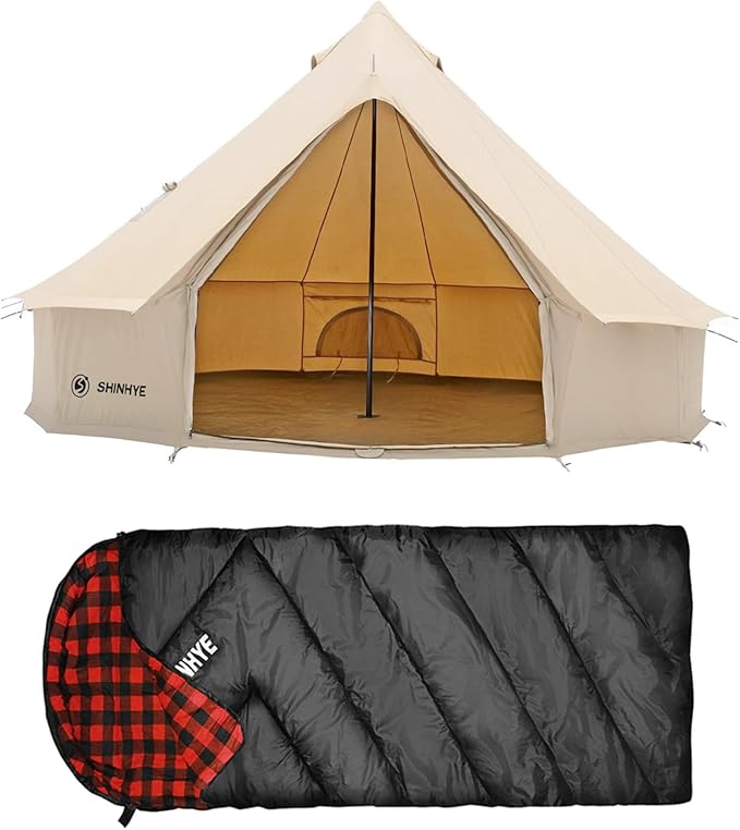 Canvas Bell Tent Yurt Tent 4 Seasons for Camping & 0 Degree Sleeping Bag