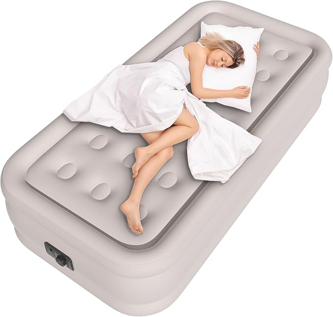 Twin Air Mattress with Built in Pump, Single Blow up Air Bed with Portable Storage Bag, Suitable for Home and Guests, Top Flocking, 18" Twin Khaki