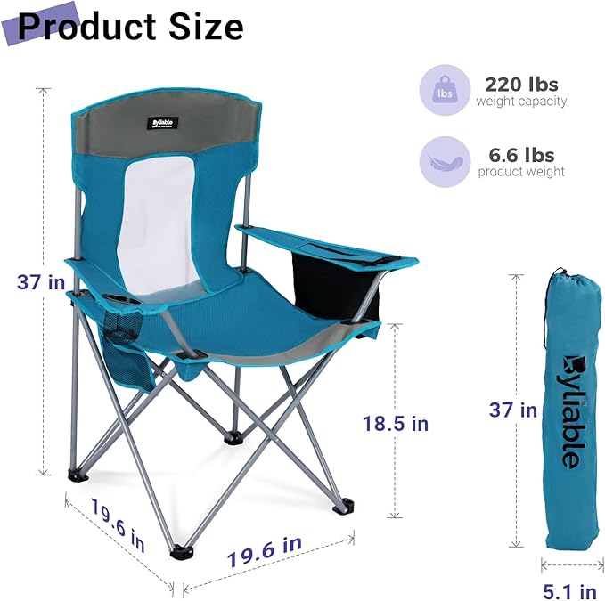 Camping Chairs Portable Folding Lightweight Outdoor Lawn Chair for Adults with Cooler Bag, Cup Holder and Side Pocket for Camping, Beach, Sports, Hiking, Fishing