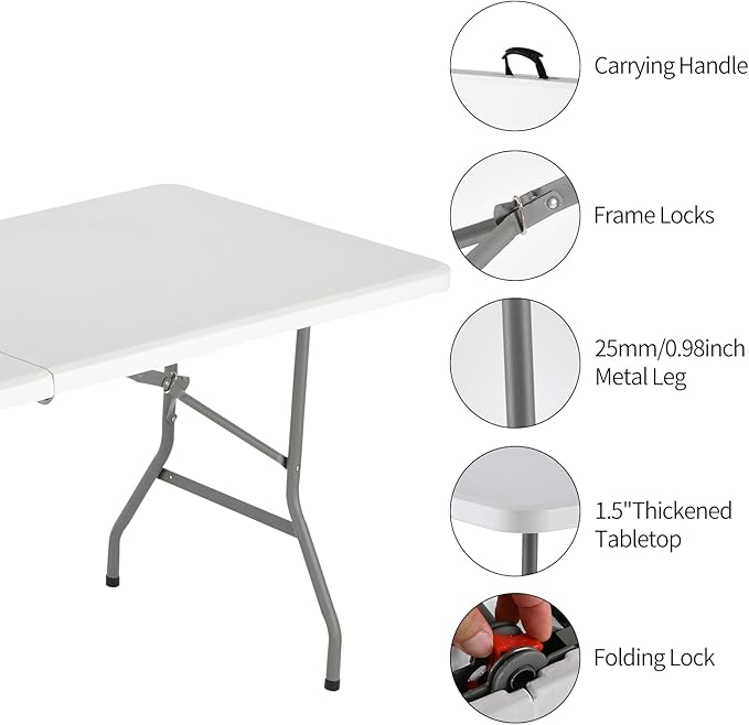 Folding Table, 6 feet Plastic Folding Table for Indoor & Outdoor Activites for Picnic, Camping, BBQ and Party with Carrying Handle, Weight Capacity 330 lbs - White