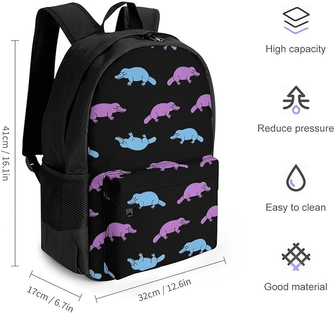 Men Women Lightweight Purple Platypus Cartoon Black Daypack Bookbag Big Capacity Carry On Bag With Side Pockets for Camping Travel Bicycle