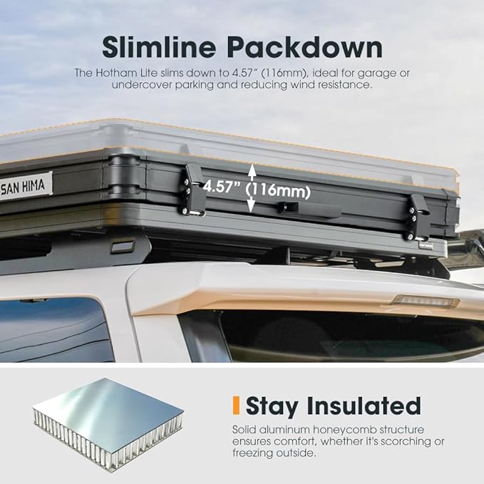 4.57" Slim Rooftop Tent Hard Shell, Waterproof Hotham Lite Aluminium Car Roof Tent with Tri-Color LED Strip Light, SUV Roof Rack Tent w/ 1.97" Thick Mattress, 2-3 People, Grey