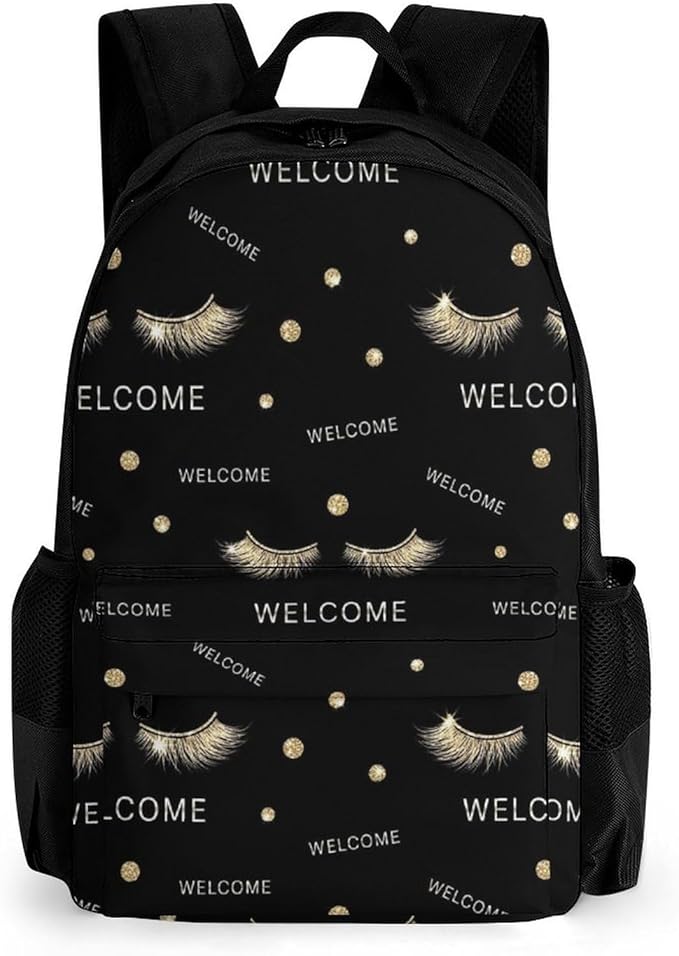 Daypack Anti-Theft Multipurpose Large Capacity Shoulder Bag, Stylish Black Rose Gold Eyelashes Welcome Travel Hiking Camping Rucksack With Smooth Zippers