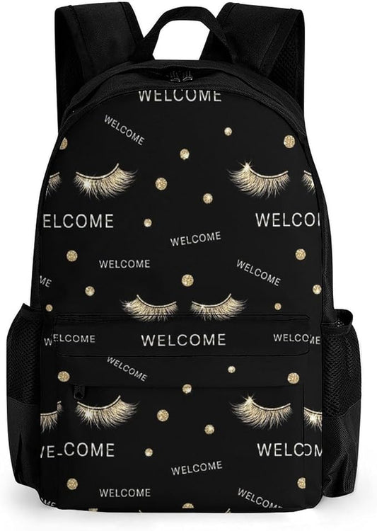 Daypack Anti-Theft Multipurpose Large Capacity Shoulder Bag, Stylish Black Rose Gold Eyelashes Welcome Travel Hiking Camping Rucksack With Smooth Zippers