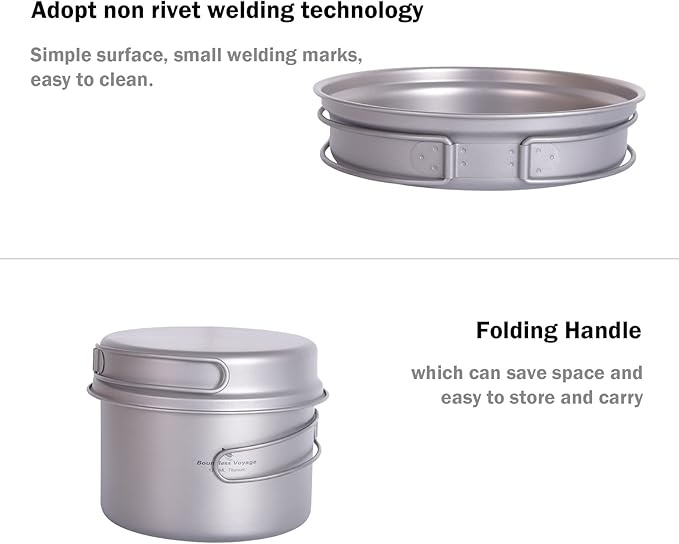 iBasingo Backpacking Cookset Titanium Camping Pots Set Ultralight Outdoor Picnic Pots Pans with Folding Handle Druable Portable Cooking Mess Kit Compact Picnic Dishes Bowls Cups (Multiple Sizes)