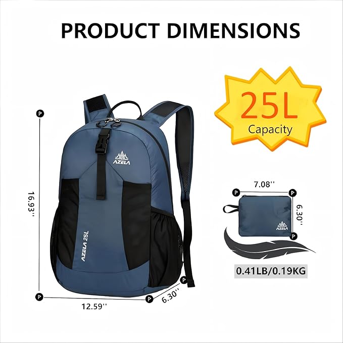 Lightweight Packable Backpack 25L Small Lightweight Backpack for Travel Hiking Daypack Foldable Daypack for Women Men Blue
