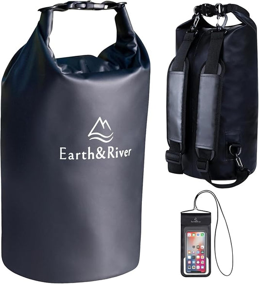 EARTH&RIVER Premium Waterproof Dry Bag Backpack, Extra Thick, Protection for All Water Activities & Camping, Floating Lightweight Dry Bag & IPX8 Waterproof Phone Case (Black, 10L)