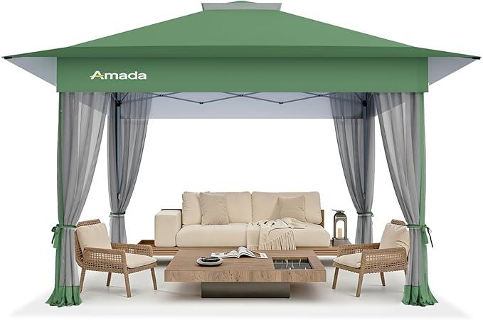 Amada 13x13 Pop Up Gazebo for Backyard & Patio Furniture,Gazebos on Clearance with Wheeled STO-N-Go Cover Bag,Carpa Pop Up Tent Party Tent and Shelter with Mosquito Netting for Lawn,Garden,Deck,Green