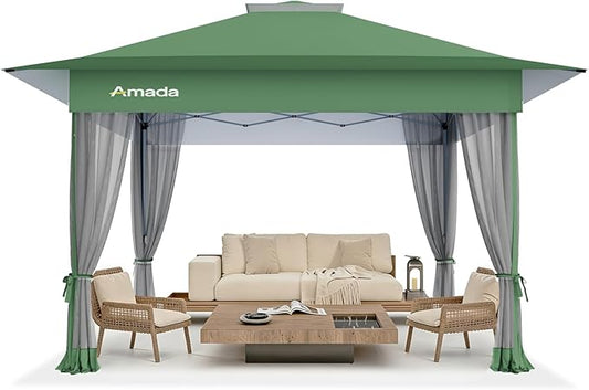 Amada 13x13 Pop Up Gazebo for Backyard & Patio Furniture,Gazebos on Clearance with Wheeled STO-N-Go Cover Bag,Carpa Pop Up Tent Party Tent and Shelter with Mosquito Netting for Lawn,Garden,Deck,Green