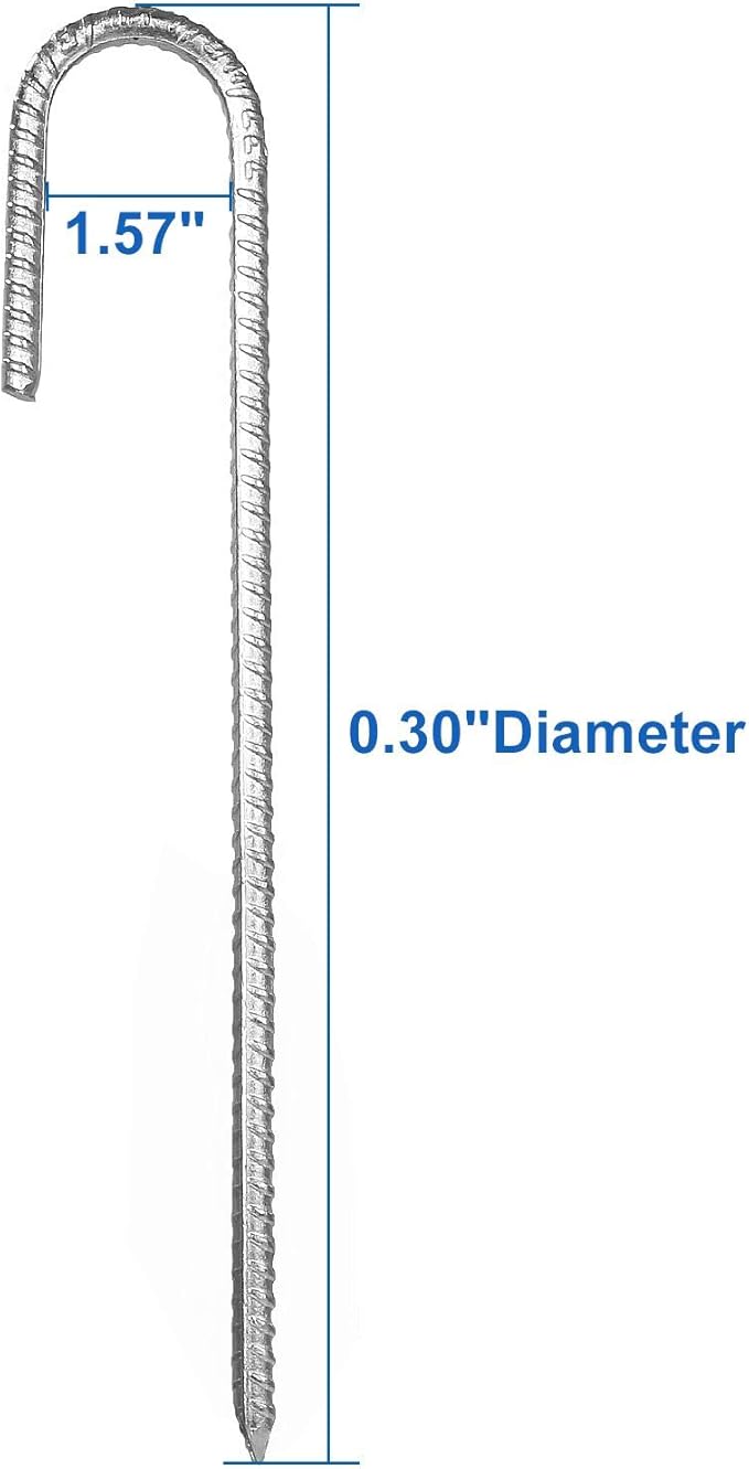 10 Pack 12”Galvanized Rebar Stakes J Hook, Heavy Duty J Hook Ground Anchors, Curved Steel Support Garden Stake with Chisel Point end for Fence Stakes, Canopies, Sheds, Swing Sets