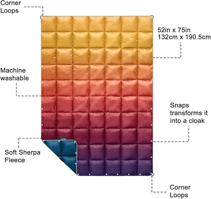 zzlamb Camping Blanket, Outdoor Lightweight Travel Blanket Puffy Portable Down Alternative, Windproof Warm Cloak with Snaps, Cozy Quilt Backpacking Picnic RV Plane Car Hammock Beach Climbing