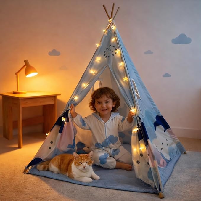 Pony Teepee Tent for Kids and Pets Blue Cloud Play Tent with Mat & Windows, Foldable Indoor Toddler Tent for Boys & Girls, Cute Pony Playhouse for Kids and Cat Cozy Hideout for Reading and Cat House