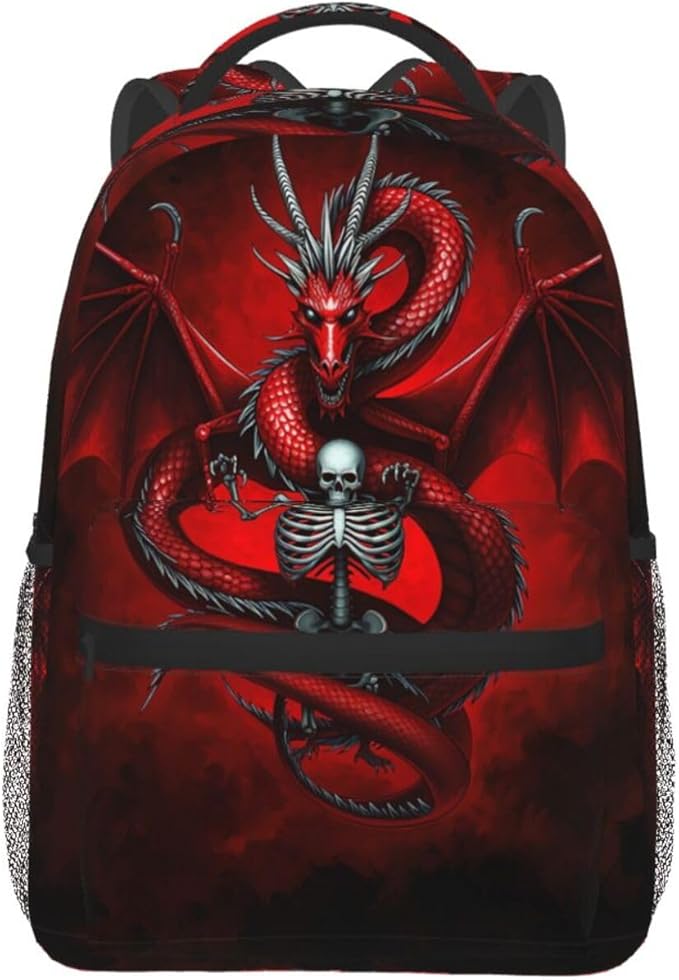 Rucksack Polyester Anti-Theft Multipurpose Skull Head Red Dragon Art Bookbag Big Capacity Travel and Sport Backpack Rucksack With Side Pockets