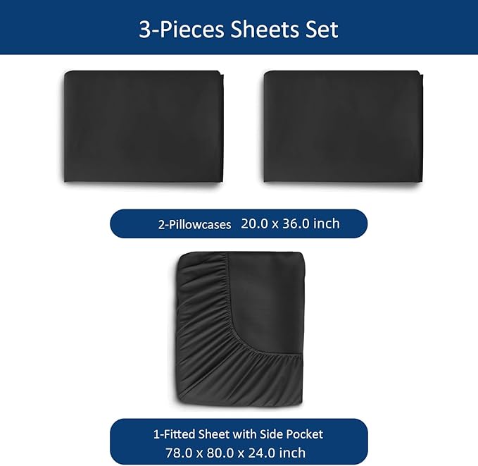 King Size Sheets Set for Air Mattress - Deep Pocket King Sheet Set - 3Pcs Side Storage Pocket Fitted Sheet & Pillowcases Easily Fits 16in to 24in Pillow Top Bed Mattress, Black