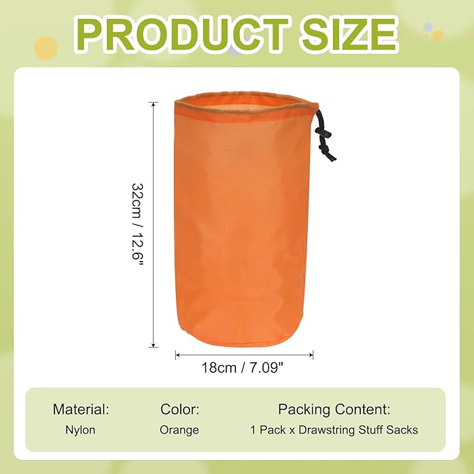 Stuff Sack, Nylon Waterproof Storage Sacks Portable Drawstring Dry Stuff Bag Gear Organization with Toggle, 7x13Inch Fit for Backpacking Camping Traveling Hiking(Orange)