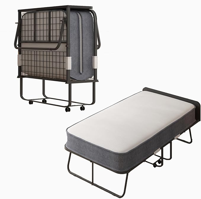 CECER Folding Bed with Mattress, 75" x 31" Rollaway Bed for Adults, 5 inch Thick Foam Mattress，Cot Size Portable Foldable Bed with Headboard & Sturdy Metal Frame，Fold Up, Roll Away