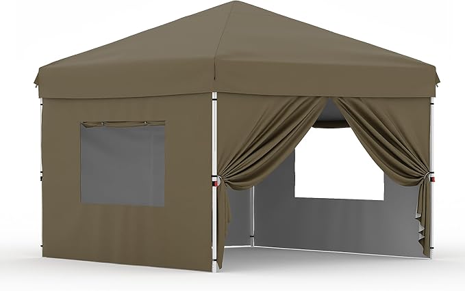 Pop Up Canopy Tent 10x10 FT Outdoor Canopy One-Person Set Up Heavy Duty Commercial Instant Tent, 4-Sidewall, Brown