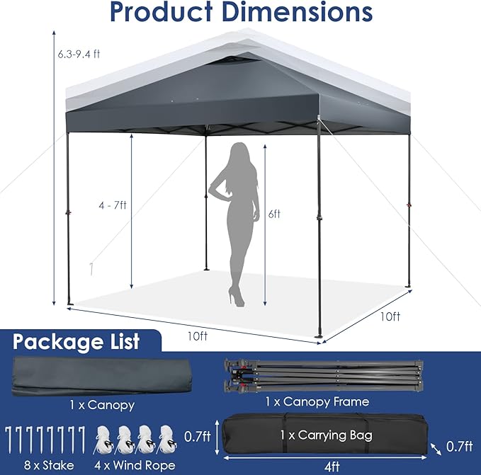 Tangkula 10x10 Ft Pop Up Canopy, Easy Set-up Instant Tent with Center Lock, Carry Bag, Rotatable Feet, 8 Stakes, 4 Ropes, Outdoor Canopy Tent for Beach, Camp, Patio, Market (Blue)