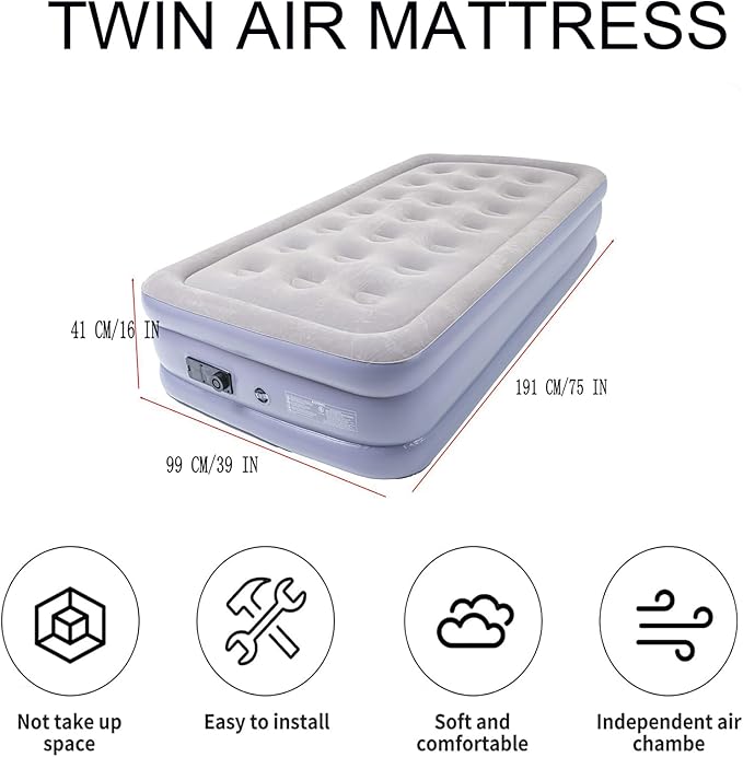 Twin Air Mattress Bed with Built in Pump,16 Inches High Airbed Inflatable Mattress,Comfort Thickened Blow Up Air Mattress,Travel Sleeping Pad for Guests Home (Twin Size)