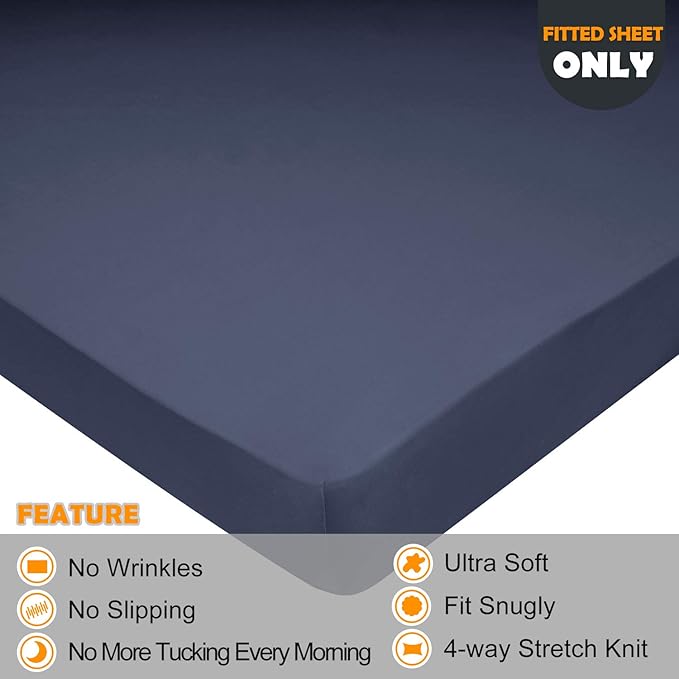 King Size Fitted Sheet Only - 4-Way Stretch Knit, Snug Fit, Wrinkle Free & Stay in Place, No More Slipping Off for Mattress, Soft & Comfortable - Navy Blue, King
