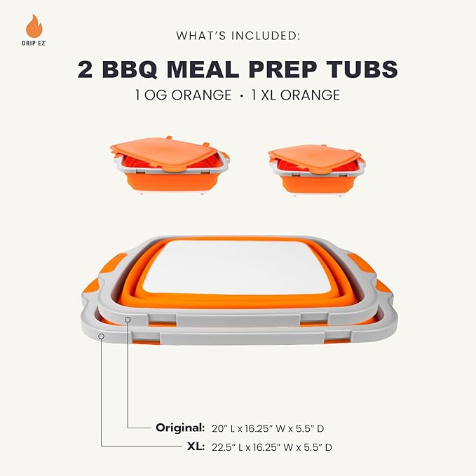 Drip EZ Collapsible BBQ Prep Tubs 2-Piece Set - For Meal Prep Marinating Food Storage - Includes Cutting Board & Lid - (1) OG + (1) XL - Orange
