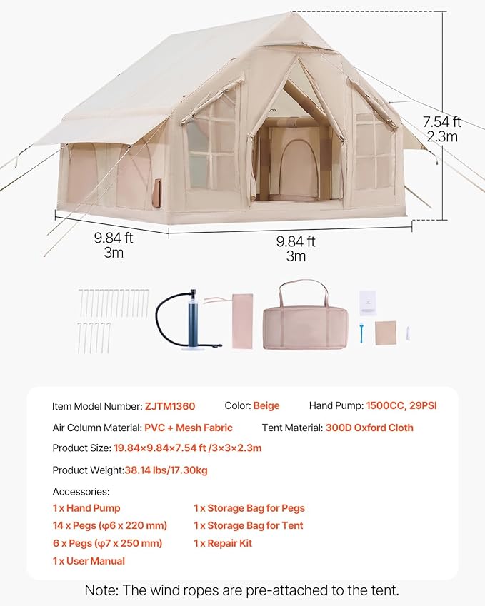 VEVOR Inflatable Tents for Camping, Easy Setup Blow up Tent with Hand Pump, 4 Season Glamping Tent with Stove Jack, Doors & Mesh Windows, Storage Bag Included for Easy Taking