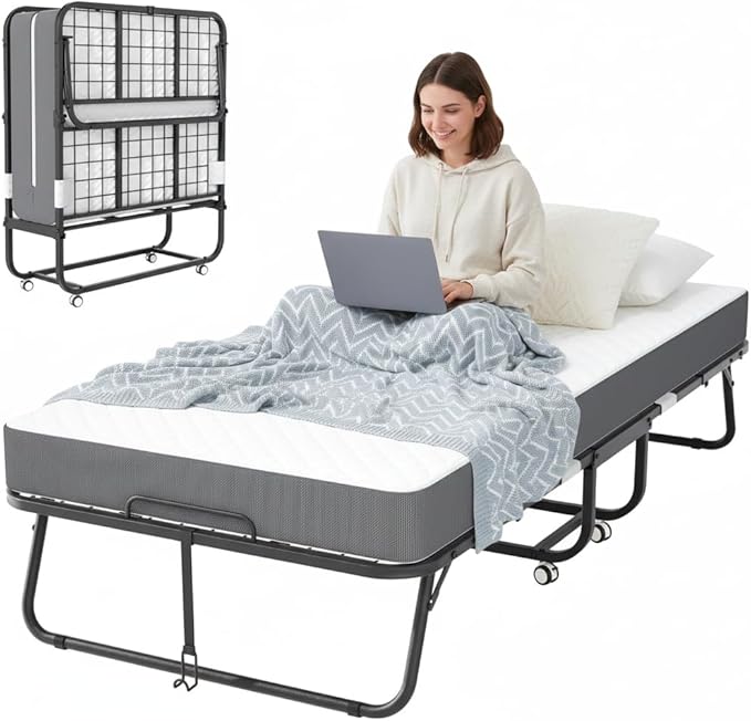 Bonusall Folding Bed with 5" Memory Foam Mattress, Cot Size Rollaway Guest Bed for Kids & Adults, Ultra Space-Saving Foldable Bed on Wheels, Portable Single Bed for Small Space & Office, 75" x 31"