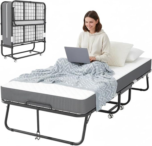 Bonusall Folding Bed with 5" Memory Foam Mattress, Cot Size Rollaway Guest Bed for Kids & Adults, Ultra Space-Saving Foldable Bed on Wheels, Portable Single Bed for Small Space & Office, 75" x 31"